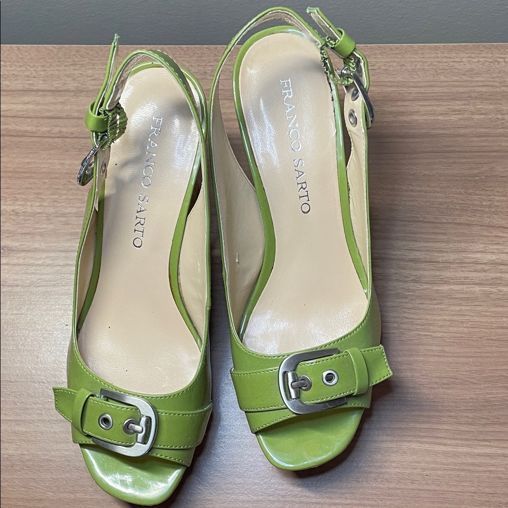 Franco Sarto Green Buckle Slingback 4” Wedge Sandals